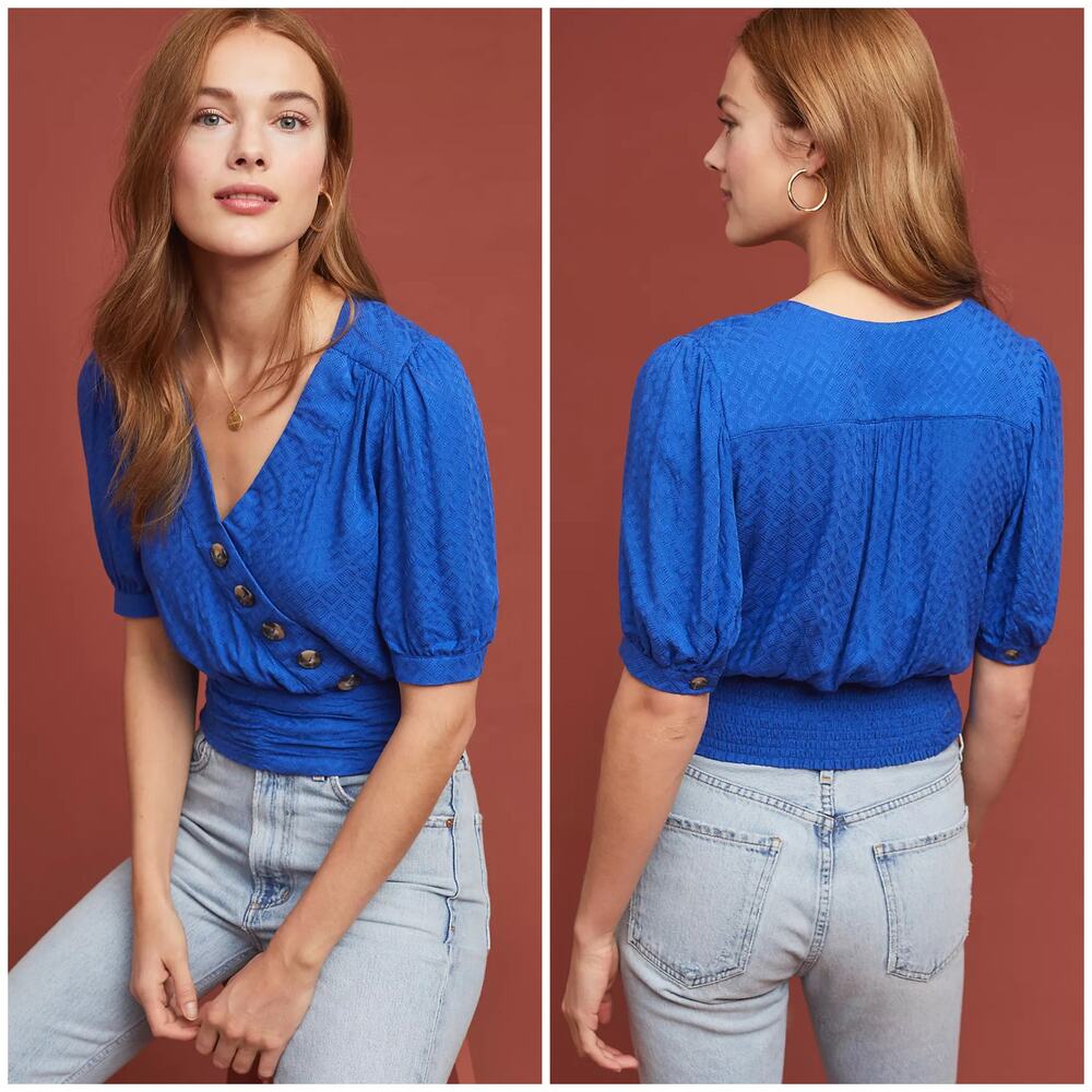 MAEVE ANTHROPOLOGIE Madelyn Wrap Top Royal Blue Button Short-Sleeve Blouse Sz 4